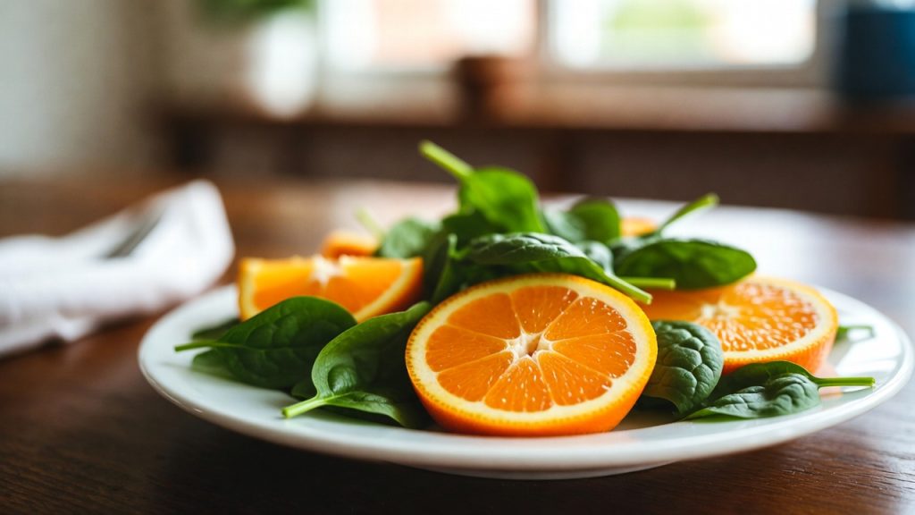 Alimentație sănătoasă cu portocale și spanac – surse naturale de vitamina C și vitamina K care accelerează dispariția vânătăilor